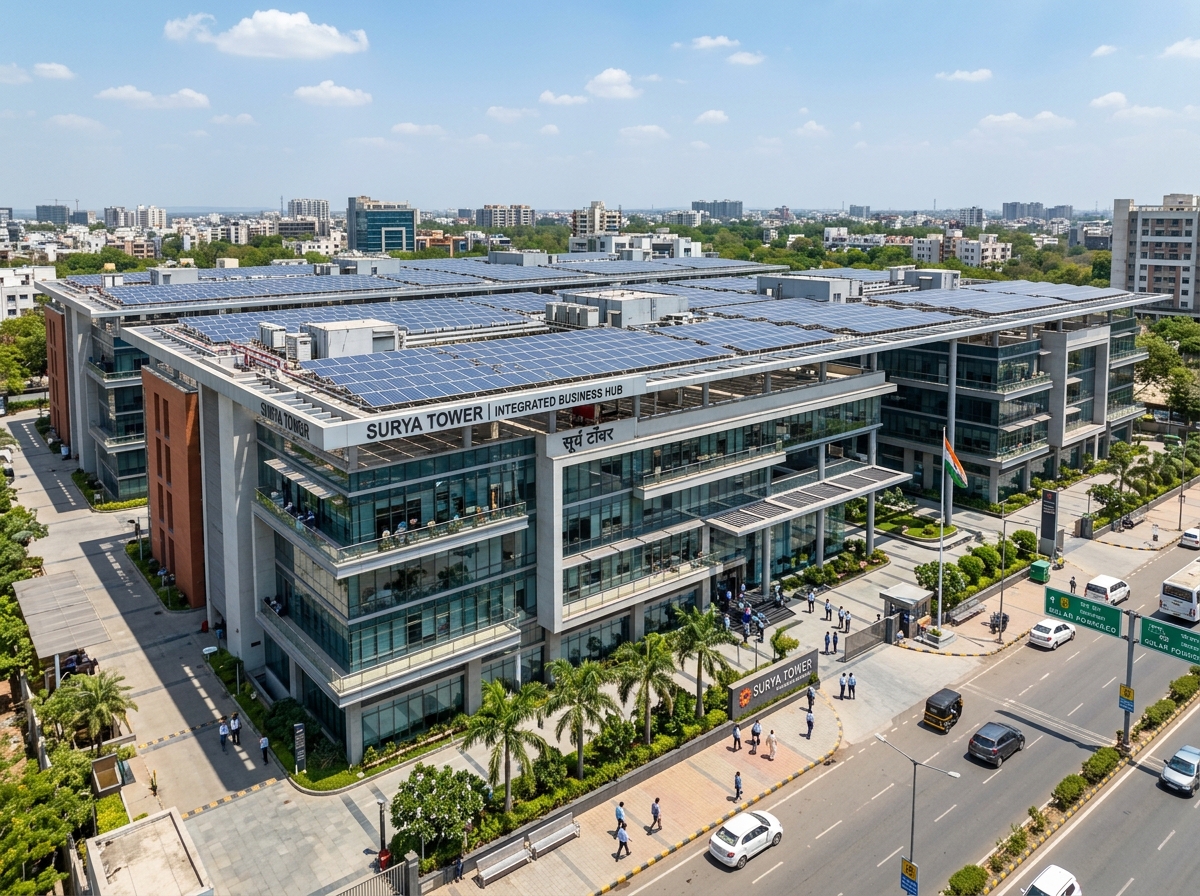 Commercial solar panel array on Indian office building